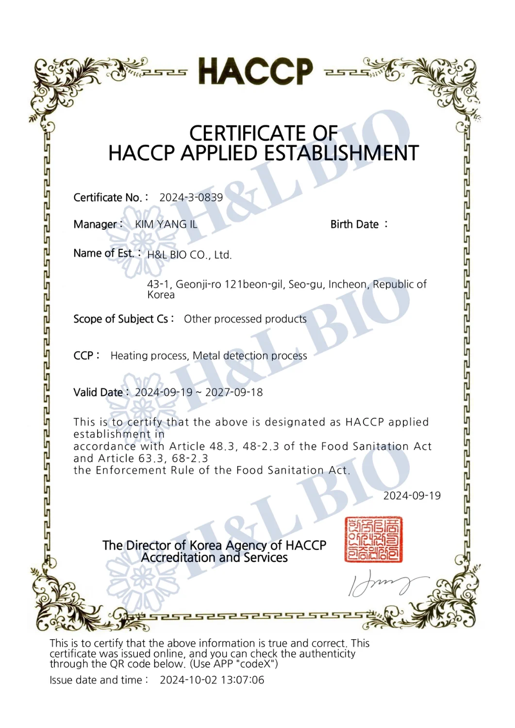 HACCP Applied Establishment — page 1