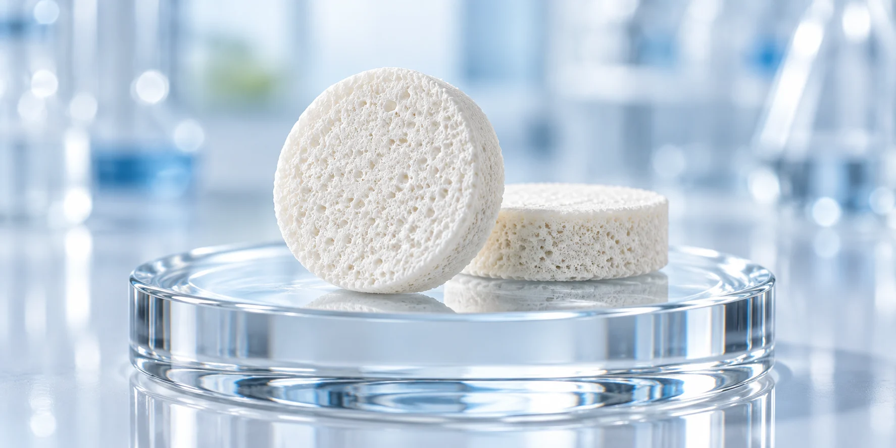 Porous freeze-dried tablets on glass; concept visualization